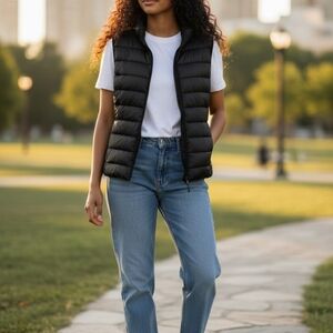 H&M Women’s Black Puffer Vest Jacket Sleeveless Zip Front Lightweight Quilted Co